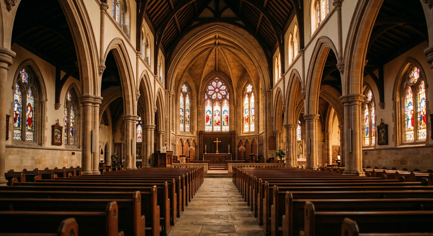 Cathedral interior with stained glass
