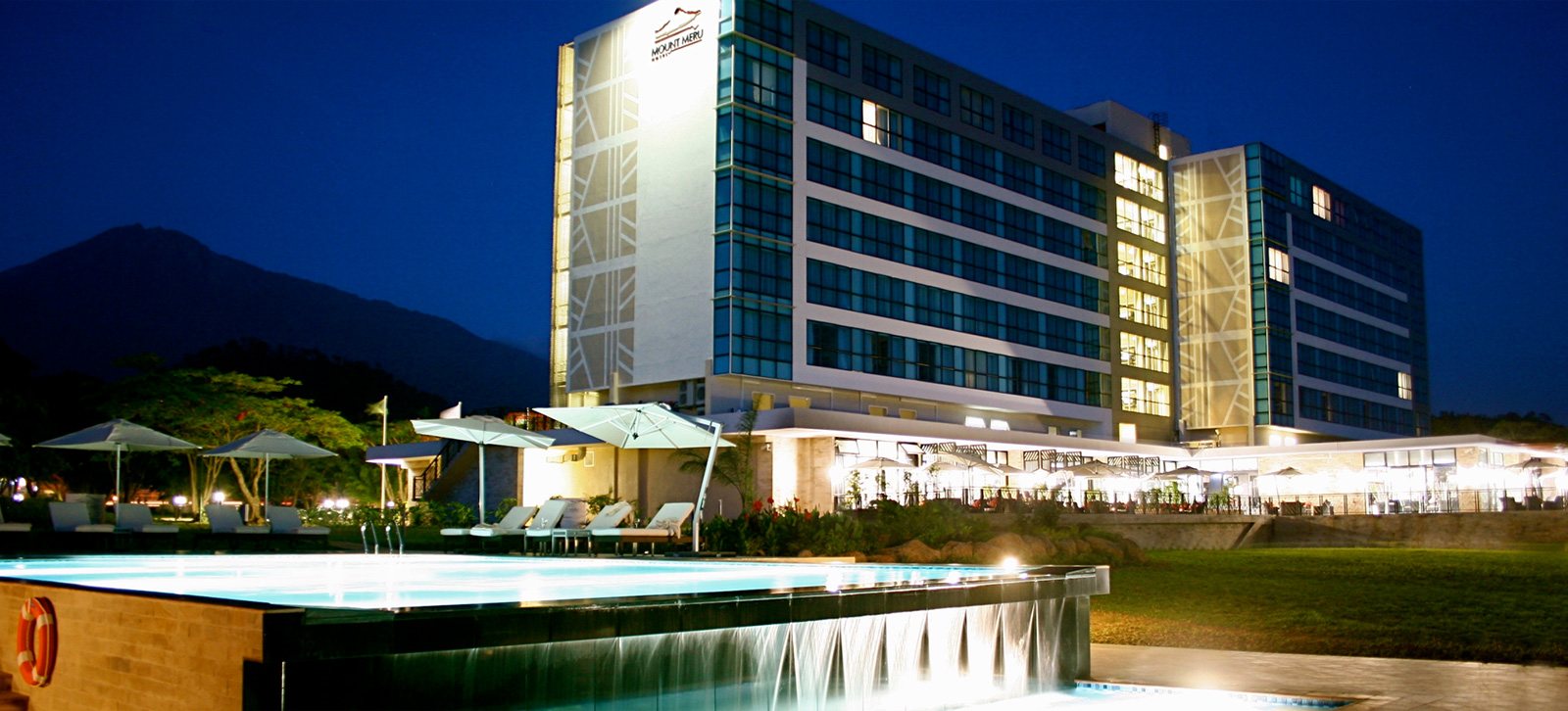 Mount Meru Hotel exterior at twilight, Arusha